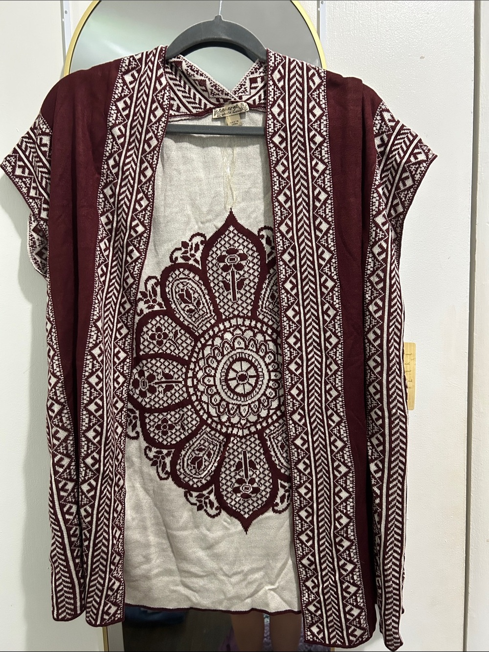 Embroidered Open-Front Cardigan in Burgundy and Cream